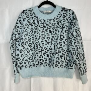 Mi Ami Light Blue Leopard Print Sweater Crew Neck Soft Knit Animal Print S-M